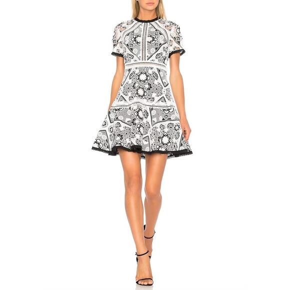 Alexis Emiliana Fit & Flare Mini Dress in Black and White Diamond Lace, XS - Picture 3 of 15